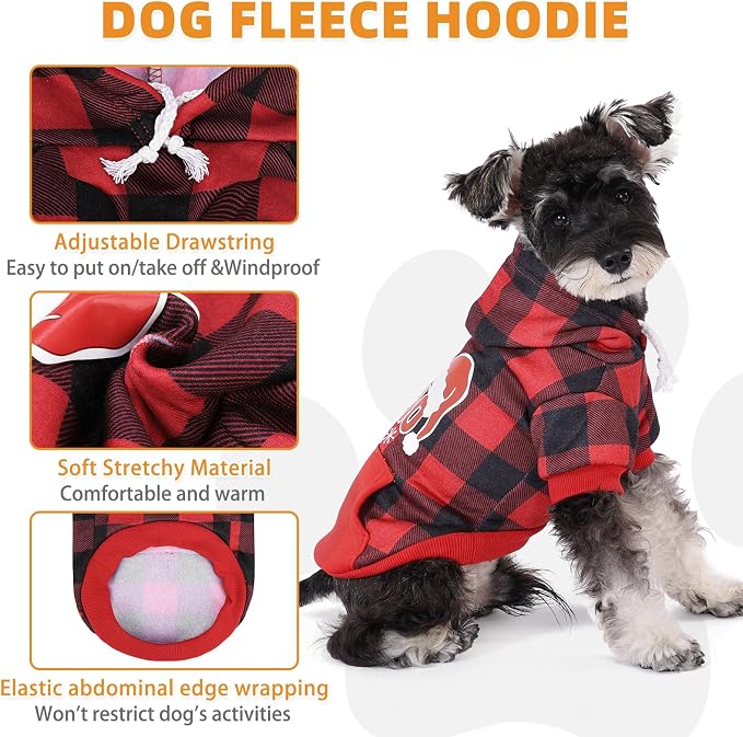 KOOLTAIL Christmas Dog Hoodie, Red Plaid Pet Sweater, Hat Hooded Sweatshirt Dog Clothes for Small Medium Large Dogs Boys Girls, Soft Warm Winter Cold Weather Coat with Leash Hole&Pocket, Santa, S