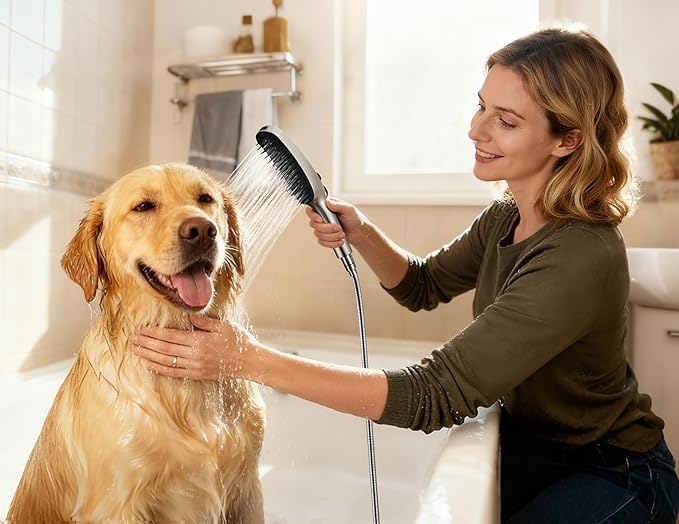 G-Promise 3 Mode Dog Shower Attachment with Pause Mode, Dog shower Sprayer with 159 Inches Stainless Steel Hose, Metal Diverter, Adhesive Holder, for Fast and Easy Dog Bathing and Cleaning