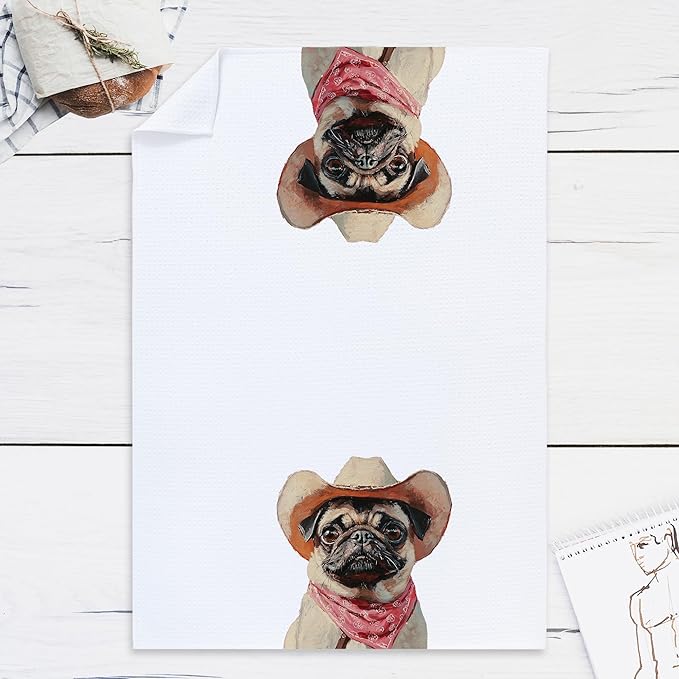 Cabana Bro Pug Kitchen Towels, Pug Gifts for Women Decorative Hand Towels for Bathroom, Funny Vintage Western Cowboy Dutch Dog Wrinkly Dog Dish Tea Towels for Kitchen, 16x24 Inch