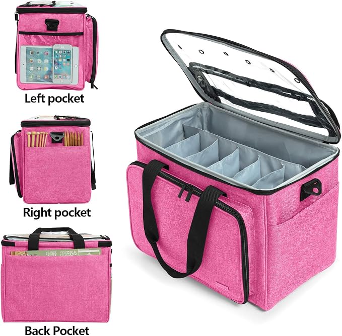 Teamoy Knitting Bag, Yarn Storage Organizer Crochet Bag Tote, Pink | Yarn Holder with Inner Divider(Sewn to Bottom) for Crochet Hook, Knitting Needles(Up to 14"), Project and Crocheting Supplies