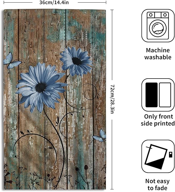 Giwawa Rustic Barn Sunflower Wooden Hand Towel 15x30 Set of 2, Fall Blue Daisy Flower Plank Fingertip Towel Retro Board Face Towel Country Barnwood Washcloth for Bathroom Farmhouse Log Cabin