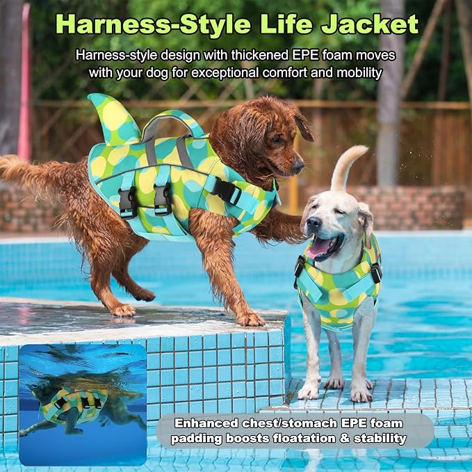 Dogcheer Shark Dog Life Jacket, Dog Life Vest for Swimming - Multi Green,L | Adjustable Pet Harness Lifejackets, High Flotation Doggie Swimsuit with Rescue Handle for Small Medium Large Dogs