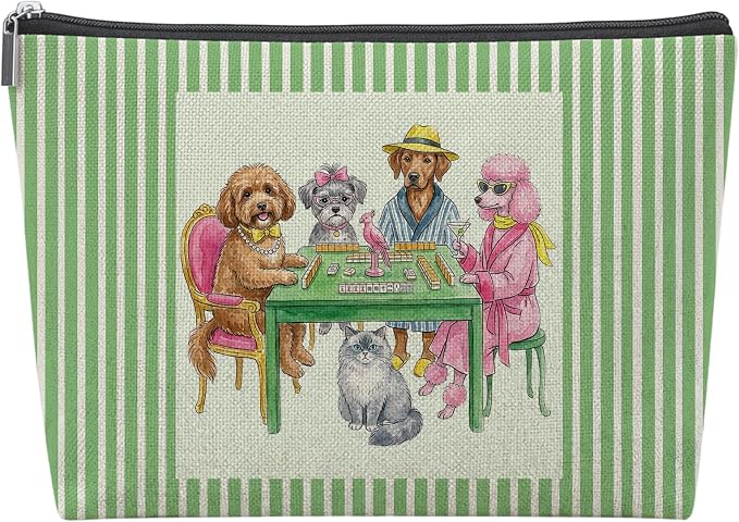 Funny Dog Cat Empty Mahjong Tile Bag 13x7.8 Inch | Green Striped Pet Portable Travel Case Organizer Zipper Pouch for American Mahjong Tiles Game Night Accessories and Gifts