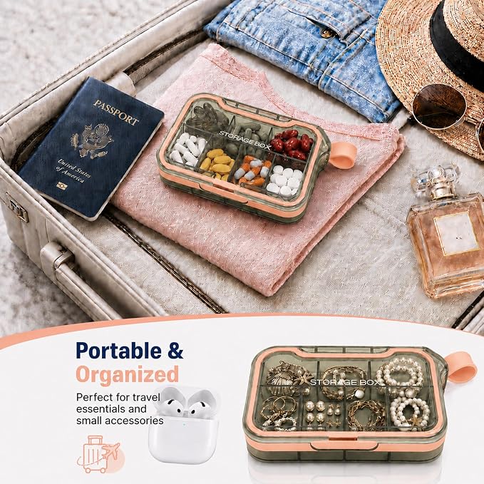 Small Pill Case, Travel Pill Organizer, Pocket Size Medicine Box | 7 Compartments Compact Pill Box for Fish Oil Vitamins Supplements Daily Medications, Purse Backpack Office