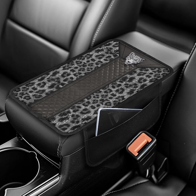 Howilath Car Armrest Cushion Cover Universal Fit for Most Vehicles | Grey Leopard Center Console Cushion Pad with 2 Storage Pockets, Machine Washable, Easy to Install