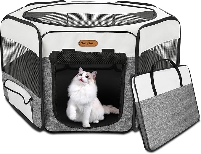 Seiyierr Dog Playpen, Portable Pet Playpen, Puppy Playpen, Cat Playpen with Carrying Case, Dog Playpen for Small Dogs Indoor/ Outdoor, Removable Mesh Shade Cover