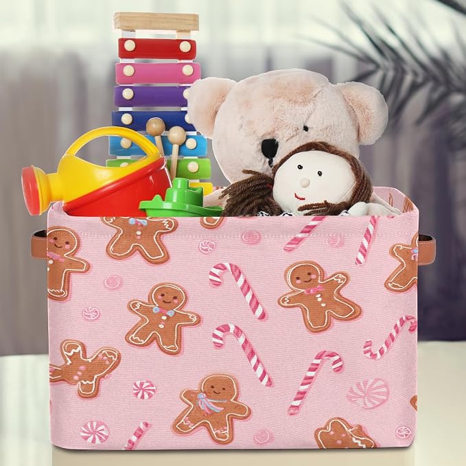 Pink Candy Gingerbread Storage Bins Christmas Nursery Baskets Waterproof Closet Organizer with Handle Collapsible Shelf Containers Storage Box for Books Cloth 15 X 11 X 9.5 IN