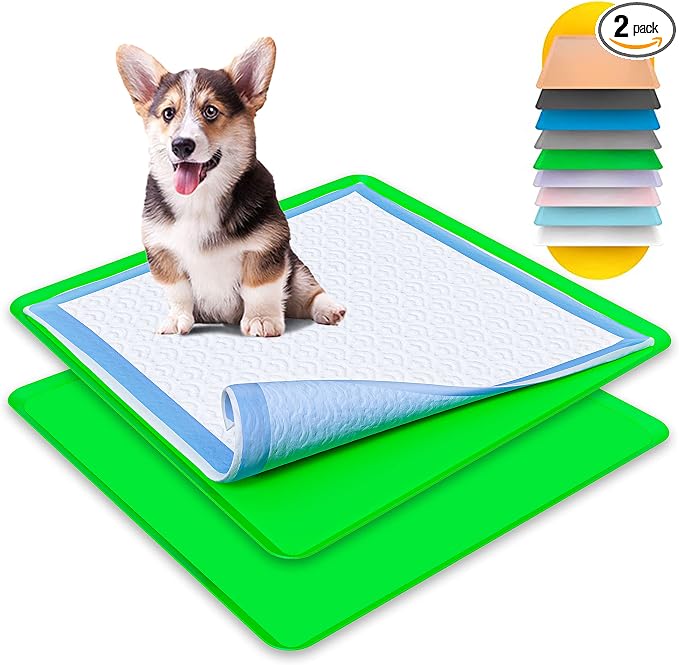 Dog Pee Pad Holder - Fits Up to 24” x 24” Pee Pad - 2 Pack - Green | Stable Grip, Raised Edges, Quick-Wipe Silicone Surface Dog Potty Tray Holder for Indoor Flooring Protection