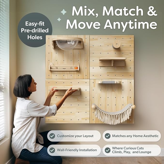 Ardilla & Co. Cat Wall Furniture – Wall-Mounted Modular Wooden Boards with 7 Moveable Accessories, Cat Wall Shelves, Hammock, Climber Steps, Perches, Walkways, Toy & Acrylic Bowl!