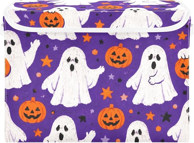 Halloween Ghost Storage Bins with Lids Closet Bedroom 40L Fabric Bin | Decorative Storage Boxes, Foldable & Stackable, Dust-Proof Flip Top, Reinforced Handles, For Home & Dorm, Clothes & Toy Box