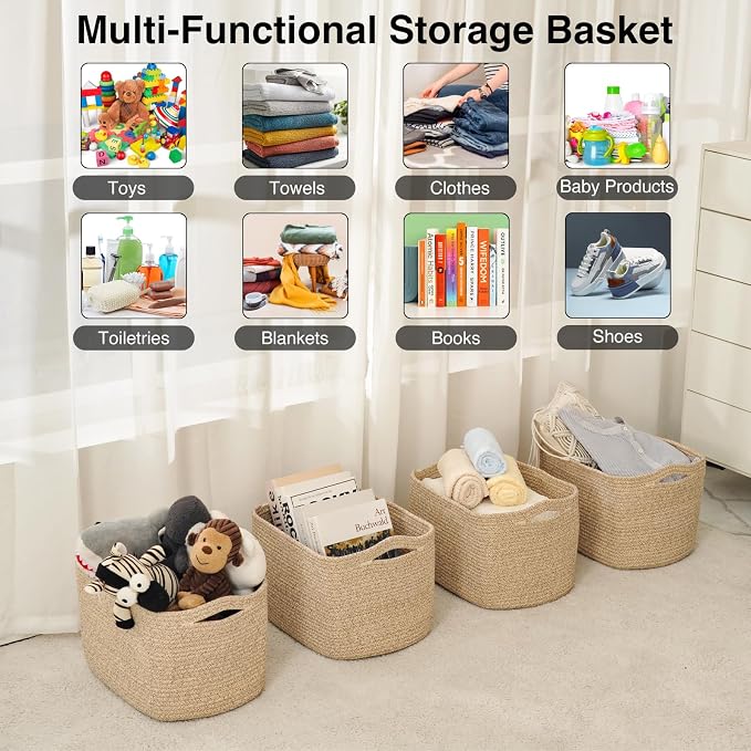 ICERZCZ Storage Baskets for Organizing & Shelves, Woven Cotton Rope Organization Bins for Dog Toys, Clothes, Books, Nursery Organizer, 15"Lx11''Wx9.5''H, (4 Packs) Brown