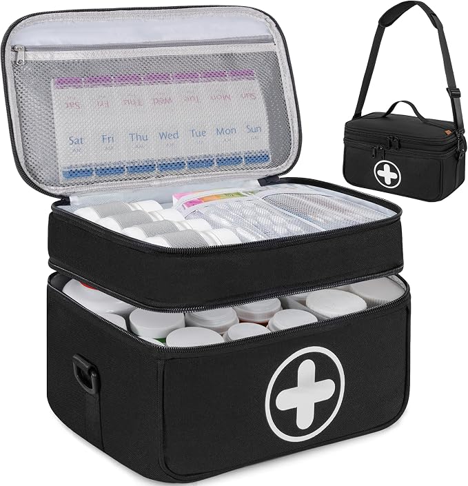 Medicine Storage Bag, 2 Layer Pill Bottle Organizer Storage Bag Empty | Lockable Medical Travel Bag with Adjustable Divider, Suitable for Pills, Vitamins, Fish Oil, Medical Supplies
