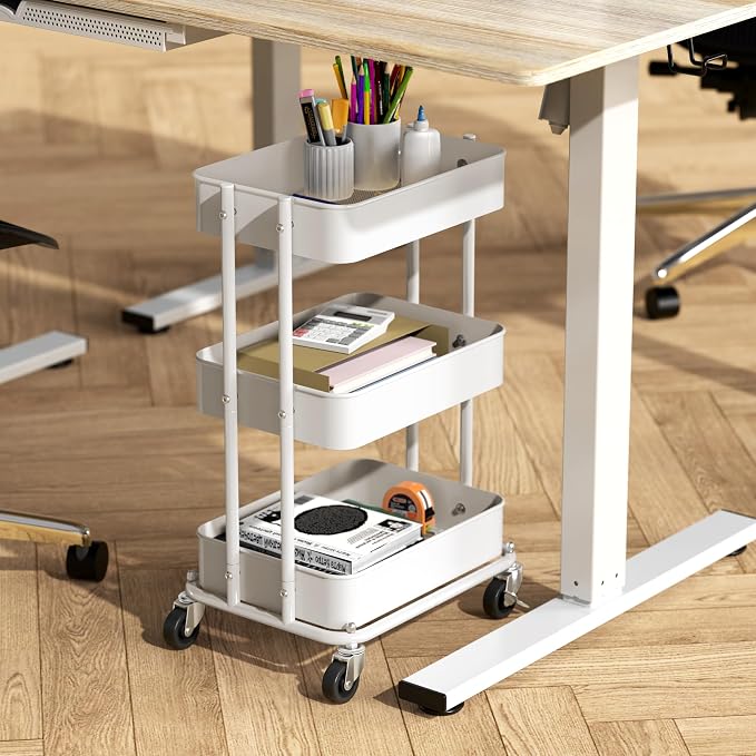 Simple Houseware 3-Tier Utility Cart, Low 24" Height Fits Under Desk, White | Compact & Lower Height Great for Under-Desk Space-Saving Storage for Home Office, Dining Room, or Kitchen