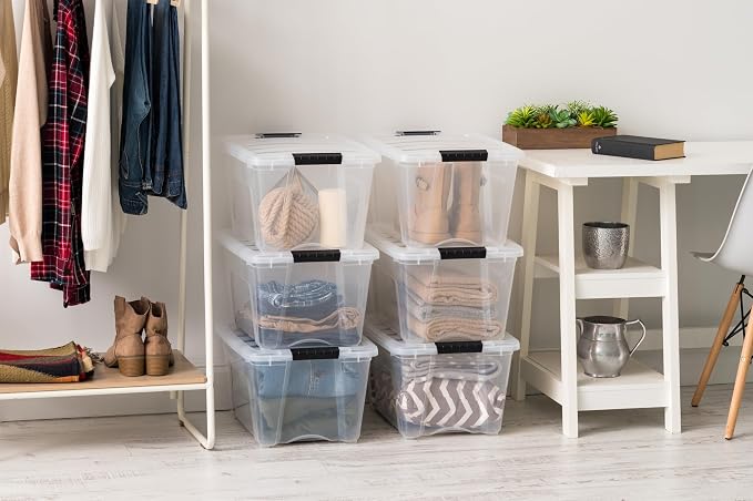 IRIS USA 6-Pack 32 Quart Storage Bins with Lids, Clear | Transparent design makes items easy to find, Great for linens, décor, closet storage, and supplies, Nestable to save space