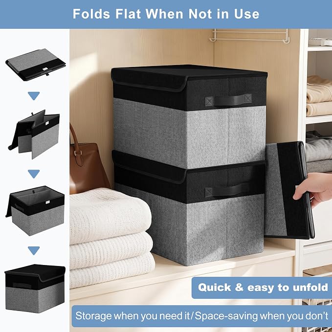 Large 22 Quart Linen Fabric Foldable Storage Bin Cube Organizer Basket with Flip-Top Lid & Handles, Clothes Blanket Box for Home, Office, Closet, Black & Gray, 4 Pack 14.6 x 9.5 x 9.5