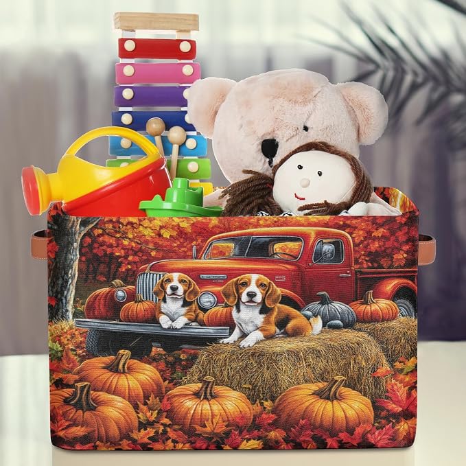 Autumn Truck Dogs Storage Bins Theme Storage Nursery Baskets with Handle Closet Collapsible Organizer Shelf Boxes for Book Cloth 15¡Á11¡Á9.5 IN