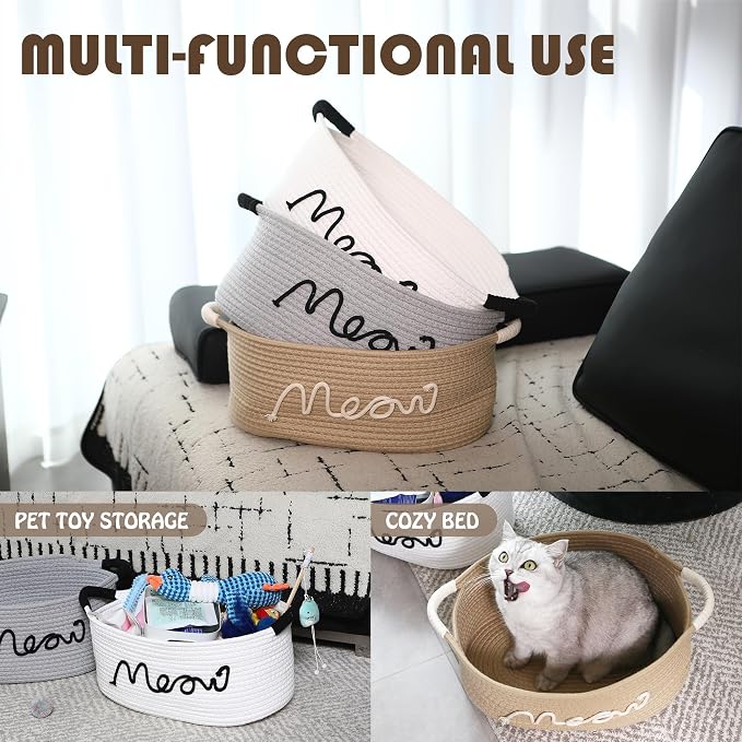 Sea Team Cat Toy Storage Basket with Handles, Beige Meow | Large Cotton Rope Storage Bin, Shelf Basket, Organizer for Pet Chew Toys, Foods, 16.5 x 11 x 7 Inches, 4.4 Gallons