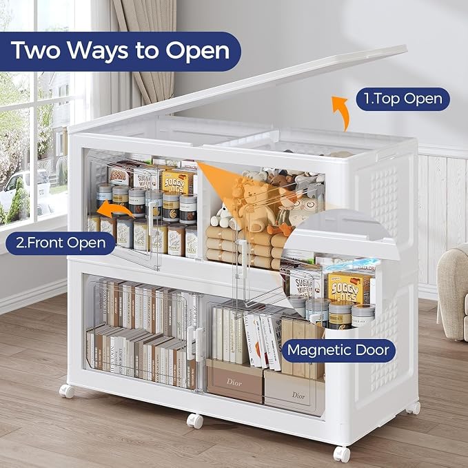 250Gal Stackable Storage Bins with Lid 5-Tier Collapsible Cabinet Closet Organizer Box with Wheels, 1000QT Large Plastic Drawer Container with Doors for Clothes Kitchen Organizing, White