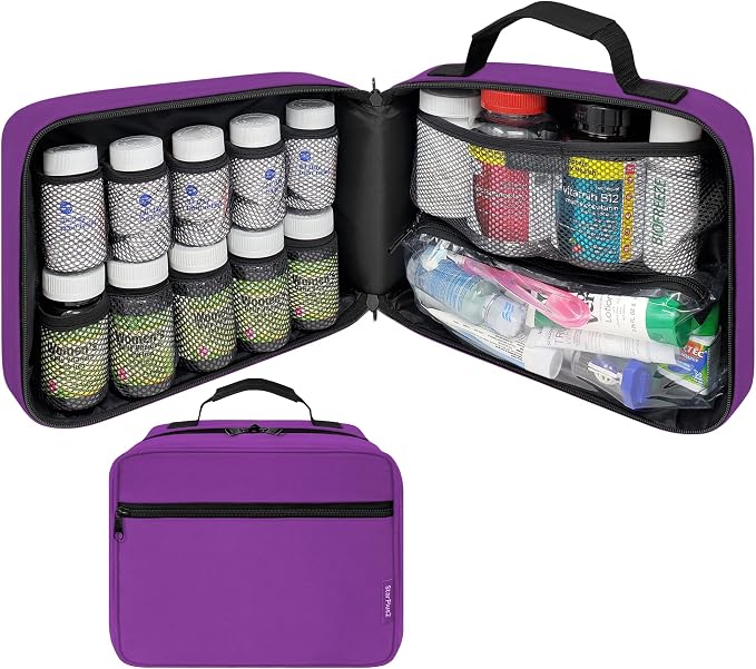 Large Pill Bottle Organizer & Medicine Bag for Travel, Purple | Prescription bottle organizer with 10 bottle pockets and padded storage for medication bottles, supplements, vitamins