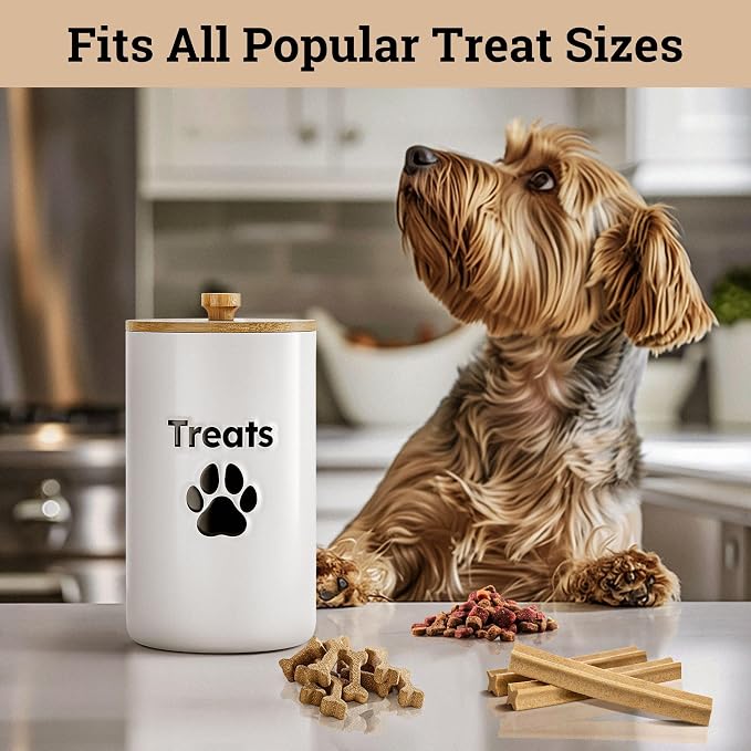 Ceramic Dog Treat Container Airtight with Bamboo Lid, 5"W x 9"H, 7 Cups | Sturdy Durable Ceramic, Airtight Rubber-Lined Bamboo Lid, Food Safe, Fits Most Popular Treats, 7 Cup Capacity, Easy to Wash