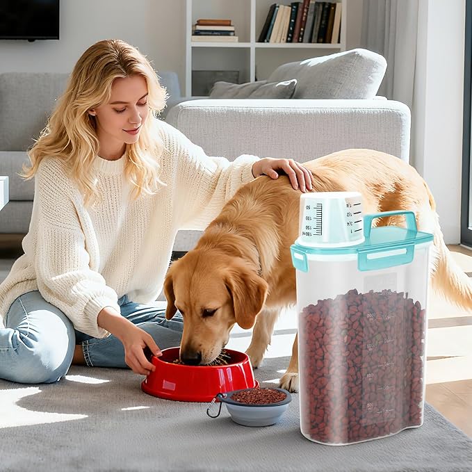 LEAWALK Airtight Small Cat Dog Pet Food Storage Containers BPA Free, with Large Pour Spout/1 Measuring Cup/ 4 Safety Locks and Double-layer Silicone Strip (Clear Blue x 2, 3L-2pack)