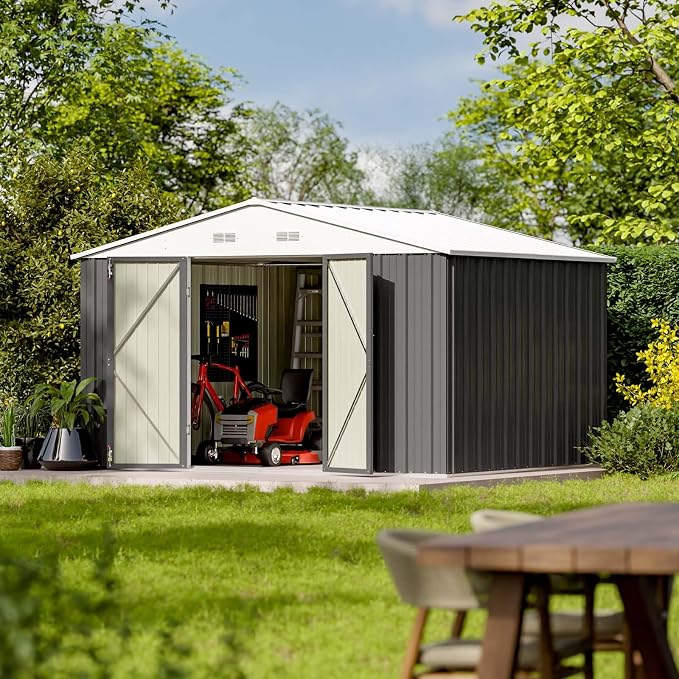 Patiowell Outdoor Storage Shed, 10 x 8 FT, Grey | Large Garden Tool Metal Shed, Sloping Roof, Double Lockable Door, For Backyard Garden Patio Lawn