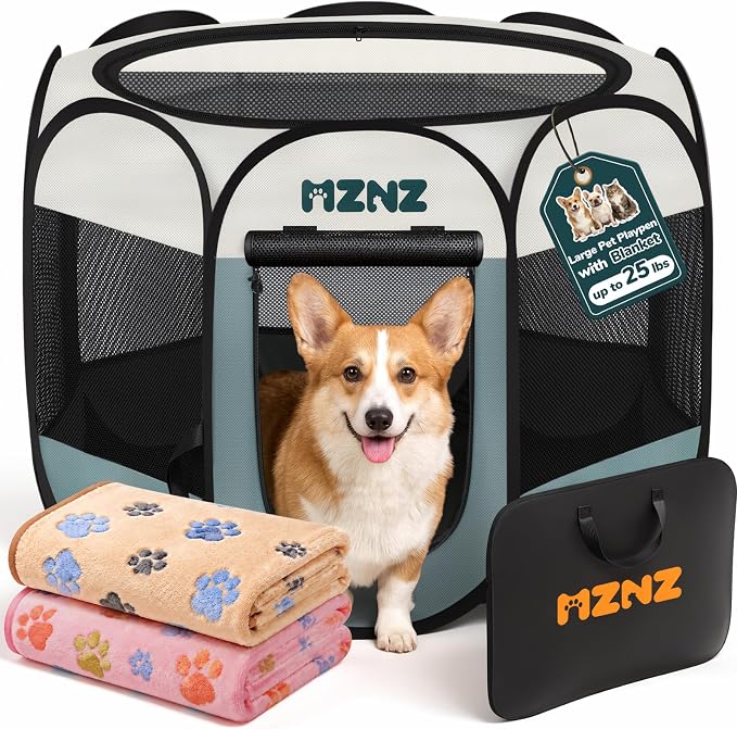 Dog Cat Small Animal Puppy Playpen Crate with 2 Blankets, Medium, Grey | Portable Pop Up Pet Cage Enclosure Tent Kennel Indoor Outdoor with Carrying Case, No Assembly, Camping Use