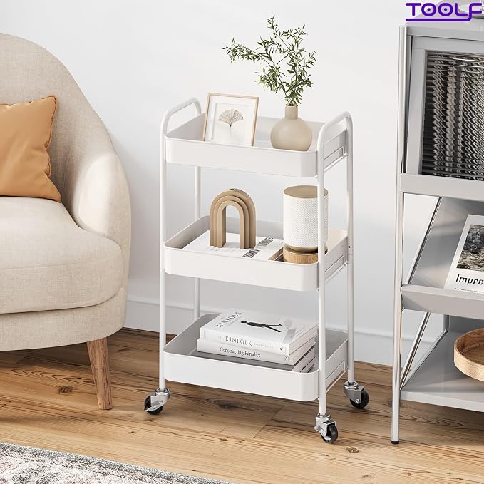 TOOLF 3 Tier Metal Rolling Cart, Utility Storage Cart with Wheels, White | Screwless Assembly, Lockable Metal Wheels, Trolley Organizer for Bathroom, Kitchen, Office, Dorm, Laundry, Craft Room