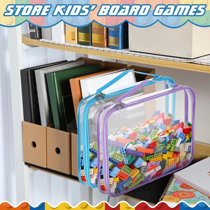 Sanwuta 6 Packs Toy Storage Bags with Zipper,Large,Cute Colors | Clear Waterproof Games Storage， Large Portable PVC Container， Reusable Organizer for Board Games, Building Blocks, Puzzles