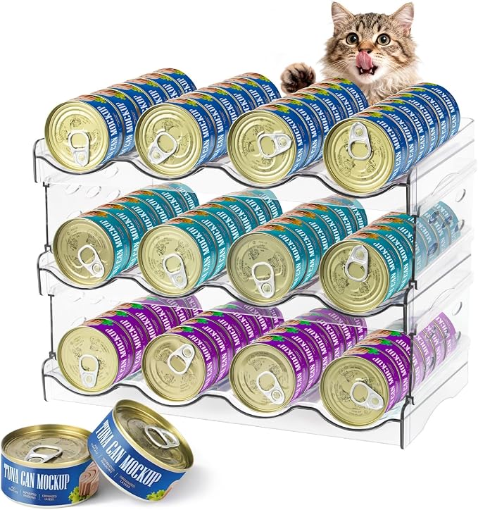 REFLYING Cat Food Can Organizer 3-Tier Holds 72 Cans Acrylic | Clear acrylic 3-tier cat food can organizer,Holds 72 cans 3oz-12.5oz,Stackable pantry storage for multi-cat households