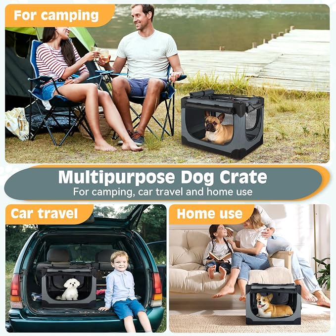 24 inch Small Dog Crate - for Small Dogs, Portable Travel Pet Crate with 4 Mesh Doors, Foldable Car Kennel for Puppy with Handle for Indoor and Outdoor, Gray