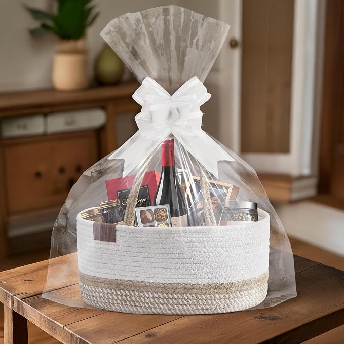 DECOMOMO Diaper Caddy, Empty Woven Basket for Gifts, Large Gift Set | Baby Baskets for Baby Shower Newborn, Caddy Organizer (Spiral Biege & White)