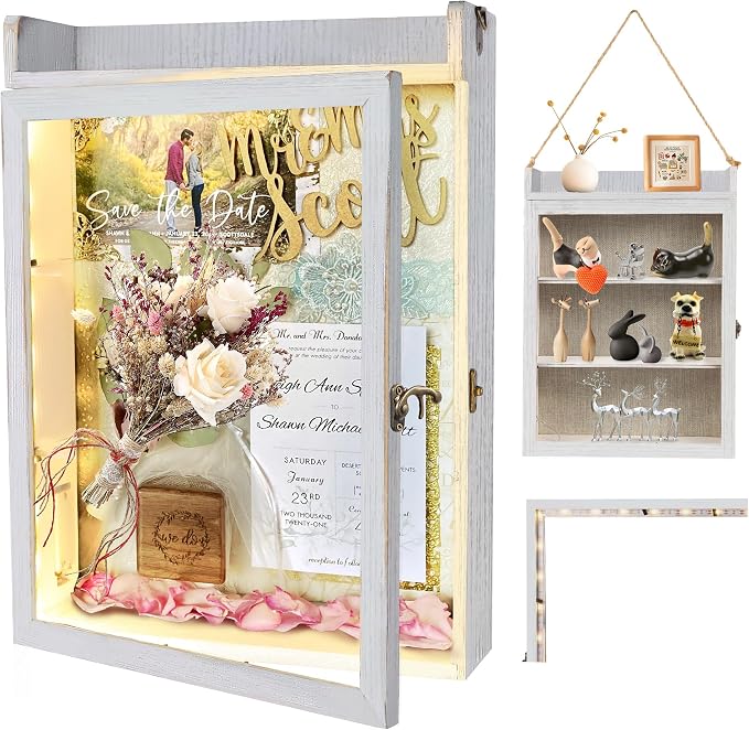 11x16 Flower Shadow Box Frame with Shelves, White
