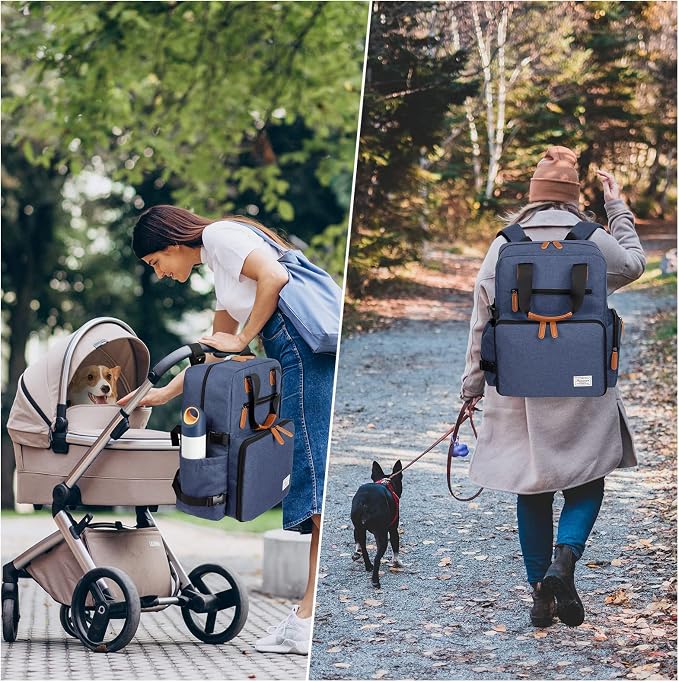 Modoker Dog Travel Backpack Set with 2 Food Bags, 2 Bowls and 1 Mat, Blue | Water-Resistant Oxford Fabric | Roomy Main Compartment | Multiple Functional Pockets | Stroller Strap | Leak-Resistant Lining