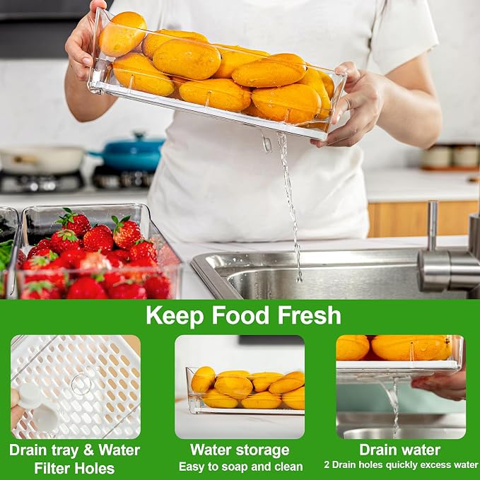 Fruit Storage Containers for Fridge with Pull-Out Organizer Bins, 4 pack | Stackable Pull-Out Drawers with Lids & Drain Trays, Large 5.22Qt, Keep Fruit Berry Veggie Salad Fresh Longer for Refrigerator