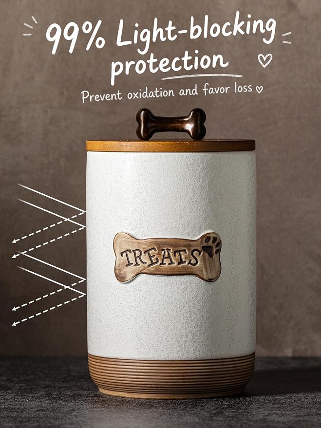 Miamolo Airtight Dog Treat Container, Dog Treat Jar with Lid for Countertop | Ceramic, Cast-iron Handle | Dog Food Storage, Training Pet Treats Canister Farmhouse Gift for Dog Lovers, Bone Glinting White