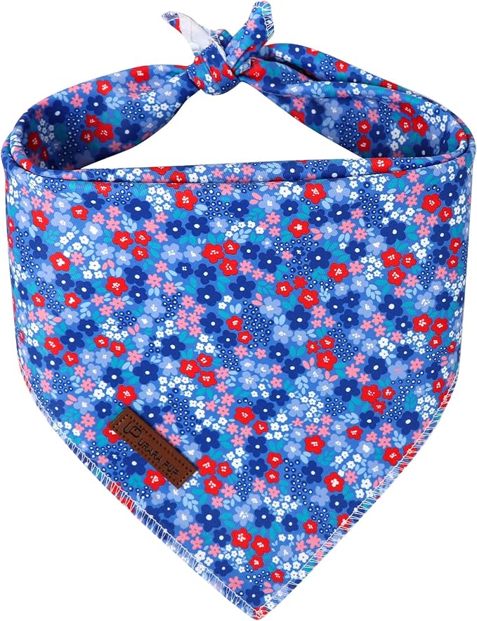 Spring Summer Dog Bandana, Red & Blue Floral Puppy Bandana for Small Medium Dog, Cotton Flower Pet Triangle Bid Scarf Kerchief for Girl Boy Dogs or Cats