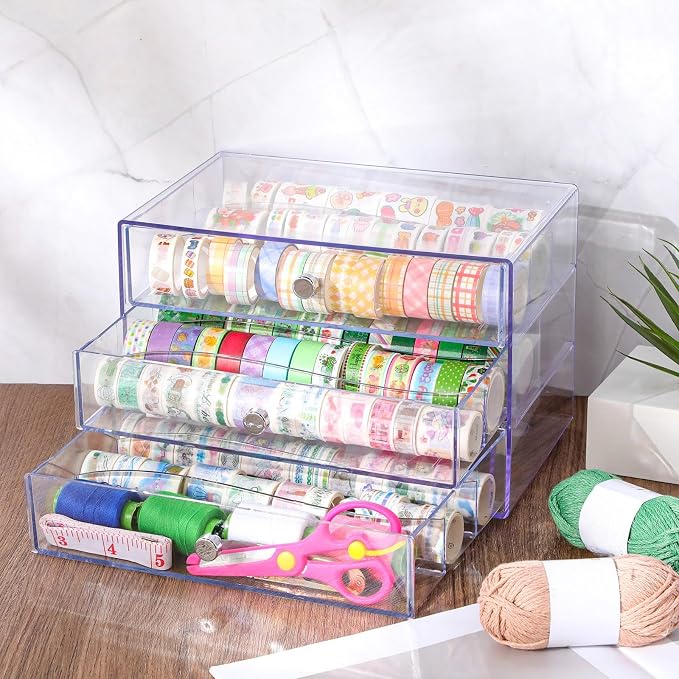 Wonderjune 2 Pack 3 Drawer Clear Washi Tape Organizer Acrylic Storage Box | 10 x 7 x 6.8 in, Divided Drawers, Clear Plastic Cube, Visible Storage for Craft Tape, Jewelry, Makeup Supplies