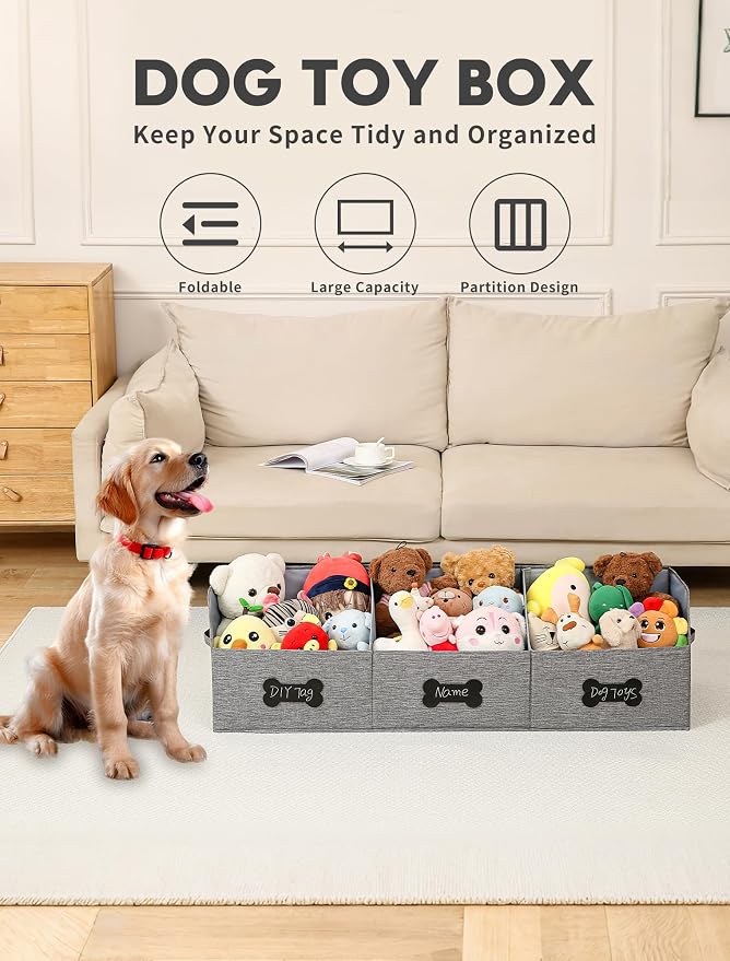 Qozary Large Dog Toy Basket with Diy Tag - Collapsible Dog Toy Bin, Fabric Personalized Storage Box, Trapezoid Storage and Organizer for Pet Supplies (Gray, Extra Large 47"x13.4")