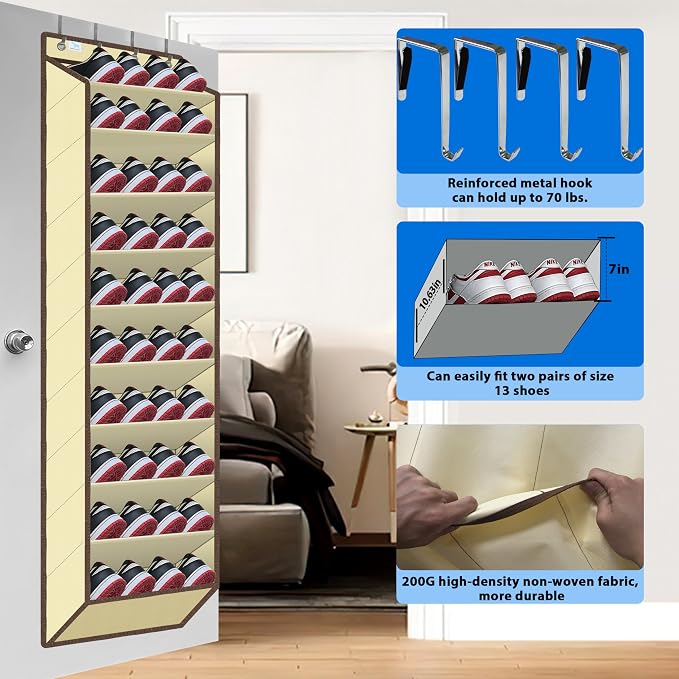 10 Tiers Shoe Organizer for Closet, 20 to 30 Pairs Shoe Rack Door | Extra Deep Pockets Over the Door Shoe Organizer for Dorm and Back Door, Heavy Duty Anti-Scrath Hanging Hooks Shoe Storage