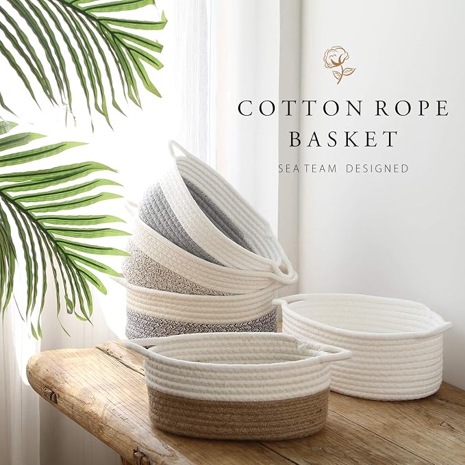 Sea Team 2-Pack Compact Woven Cotton Rope Storage Baskets, Gray | Knitted Decorative Organizer Bins with Handles, Portable Oval Containers for Small Items, Keys, Makeup, Jewelry, Trinkets