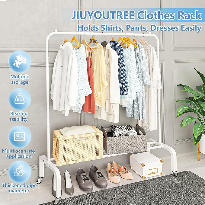 Metal Clothing Rack with Wheels, 43.3 Inches Rolling Clothes Garment Coat Rack with Bottom Shelf, Clothing Rack for Hanging Clothes, Coats, Skirts, Shirts, Sweaters, White