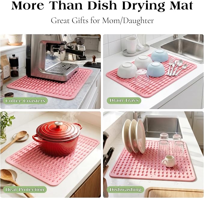 CAKETIME 2 Pack Multicolor Silicone Dish Drying Mat for Kitchen Counter Cooking Baking Liners Drawer Espresso Machine Station Utensil Holder Washer Trivets Oven Chef Gifts Extra Large 24"x18" Pink