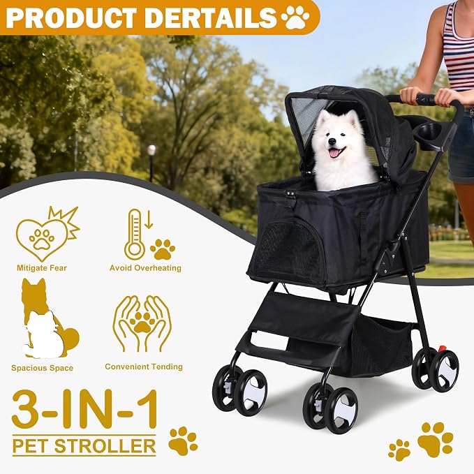 ZENY Pet Stroller, 3 in1 Foldable Dog Cat Jogger Stroller with 4 Wheels | Detachable Basket and Cup Holder, Travel Folding Carrier for Small/Medium Pet (Black)
