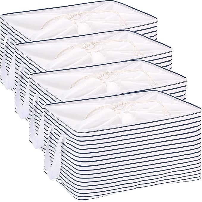 Hinwo 102L XXL Canvas Storage Bin with Lid and Handles, 4-Pack | Collapsible Fabric Baskets, Closet Shelf Organizers, Containers for Clothing, Blankets, Toys, Bedding (Navy Stripe)