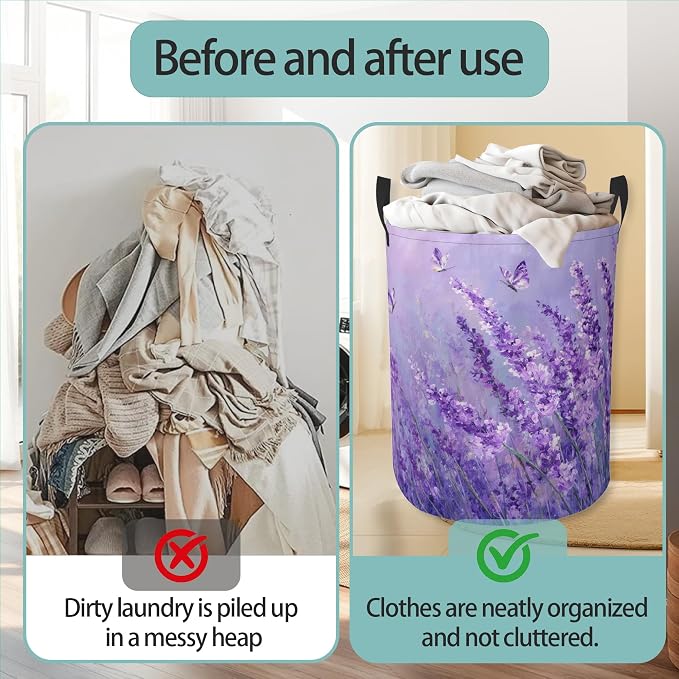 Purple Lavender Round Laundry Basket Collapsible Laundry Hamper with Handles Toys Clothes Organizer Bin For Home Bathroom Bedroom Dorm Nursery