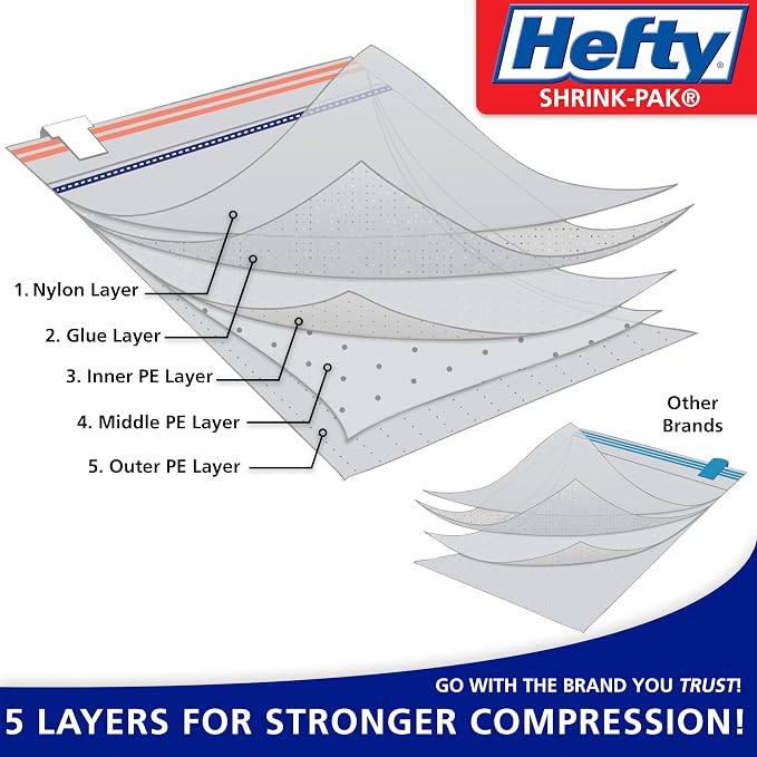 Hefty Shrink-Pak Vacuum Storage Bags - Space Saver for Under Bed Storage, Clothing and Comforters, Odor Resistant, 3X More Storage Space - 3 Large, 3 XL Bags (Pack of 18)
