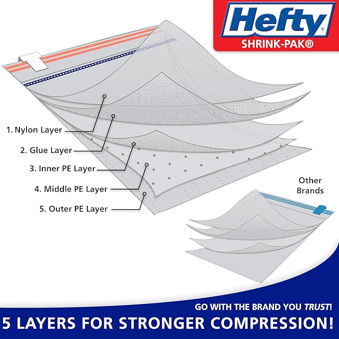Hefty Shrink-Pak Large Travel Bags - Airtight Storage Bags for Maximum Space Saving, Travel Essentials, Ideal for Packing, Durable, Reliable Compression with Sealed Protection (Pack of 2)