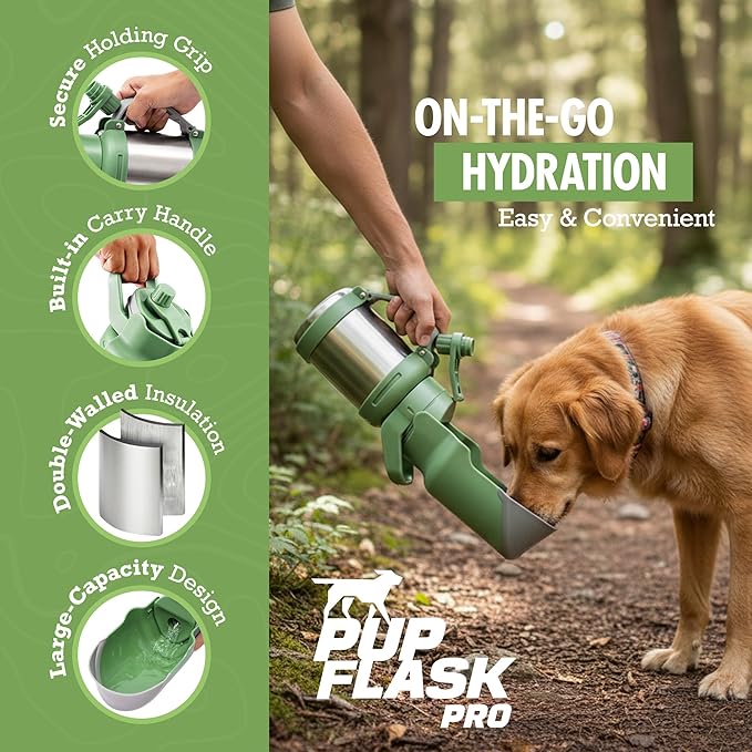 PupFlask Pro Dog Water Bottle | 30 or 50 OZ Double Wall Insulated Stainless Steel | Built-in Flip Cup Bowl | Leak Proof Cap | 24+ Hour Cold Water | Small & Large Dogs | Portable Pet Hydration Bottle