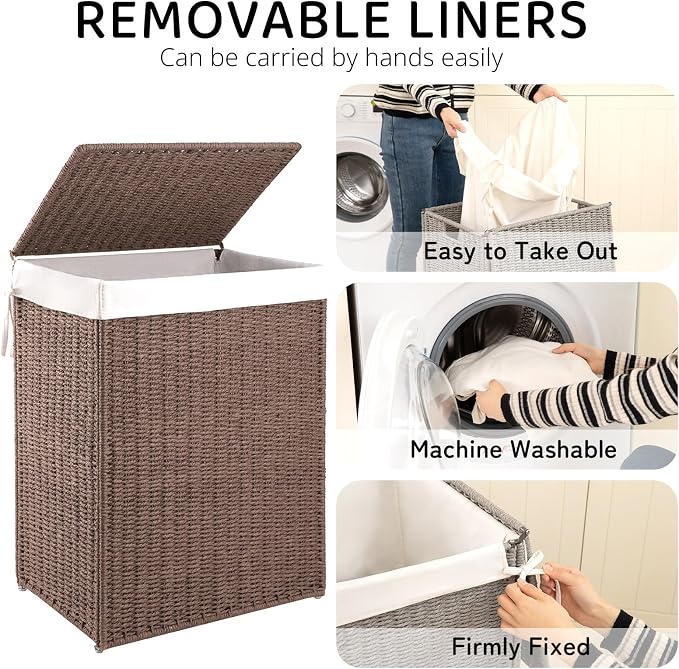 OIAHOMY Laundry Hamper with Lid, 90L(23.8 Gal) Large Wicker Laundry Basket for Bedroom, Handwoven Paper Rope Clothes Hamper with Washable Liner & Metal Frame, Decorative Organizer for Bathroom Brown